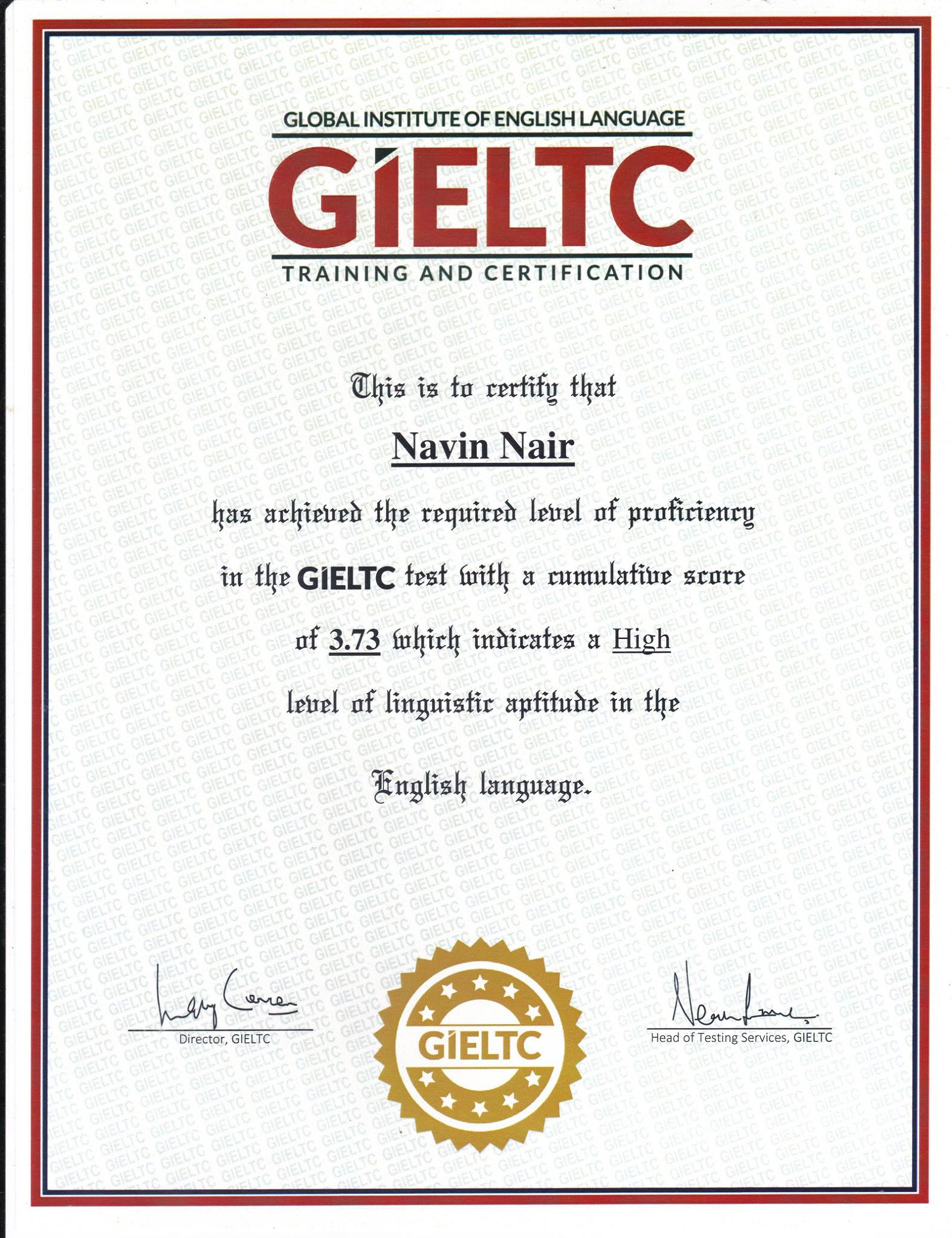 Certification Of English Language Proficiency By Global Institute Of 